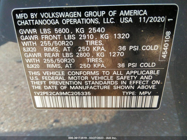 2021 VOLKSWAGEN ATLAS CROSS SPORT 3.6L V6 SE W VIN: 1V2PE2CA9MC205335