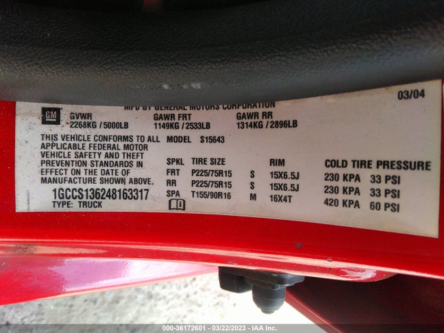 2004 CHEVROLET COLORADO LS VIN: 1GCCS136248163317