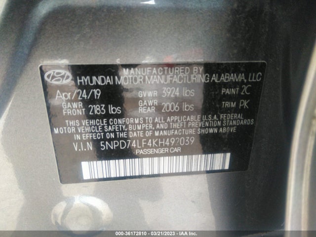 2019 HYUNDAI ELANTRA SE VIN: 5NPD74LF4KH492039