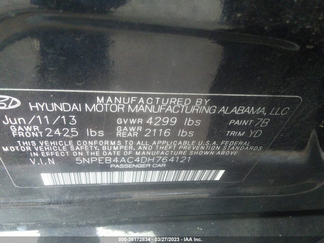 2013 HYUNDAI SONATA GLS PZEV VIN: 5NPEB4AC4DH764121