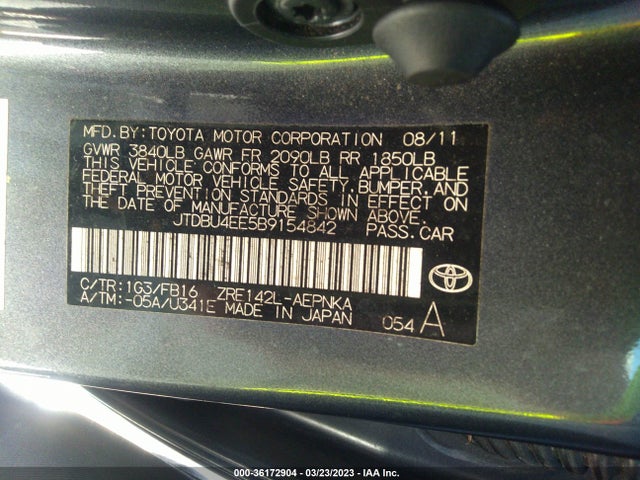 2011 TOYOTA COROLLA L/LE/S VIN: JTDBU4EE5B9154842