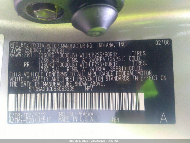2006 TOYOTA SIENNA LE VIN: 5TDBA23C06S063239