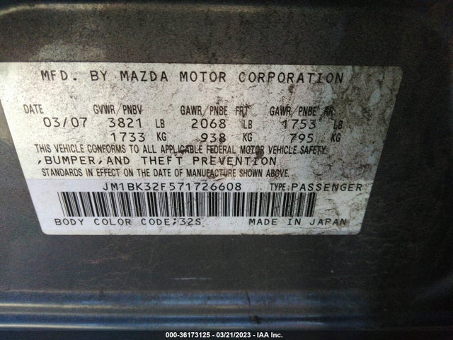 2007 MAZDA MAZDA3 I TOURING VIN: JM1BK32F571726608