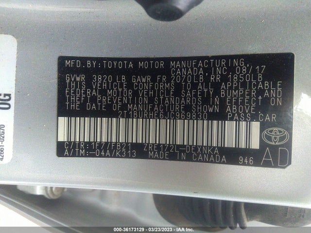 2018 TOYOTA COROLLA L/LE/XLE/SE/XSE VIN: 2T1BURHE6JC969830