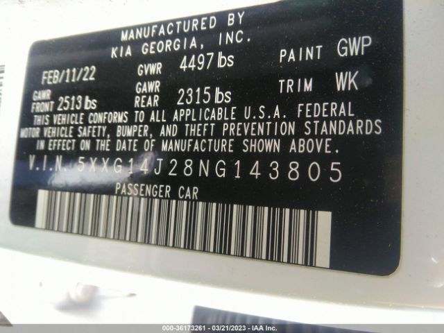 5XXG14J28NG143805 KIA K5 LXS