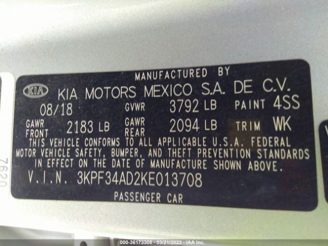 3KPF34AD2KE013708 KIA FORTE S