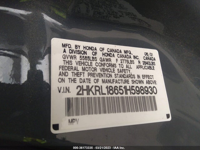 2001 HONDA ODYSSEY EX VIN: 2HKRL18651H598930