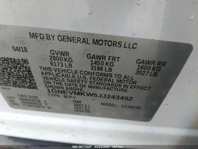 Chevrolet Traverse Lt Cloth 2018 1GNEVMKW5JJ243452 Image 9