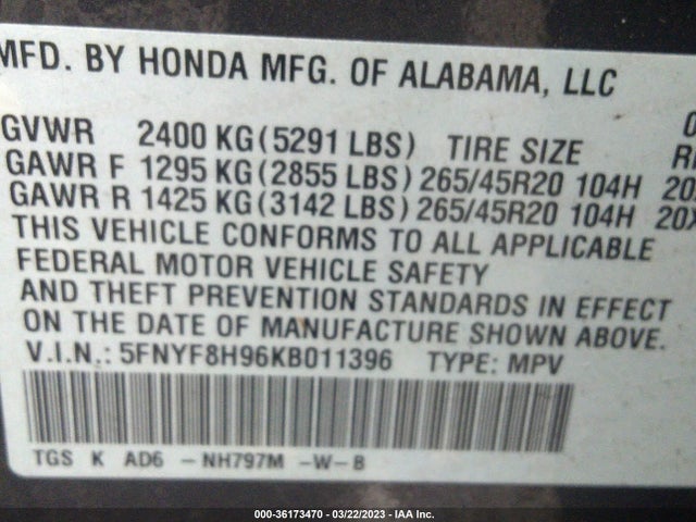 2019 HONDA PASSPORT TOURING VIN: 5FNYF8H96KB011396
