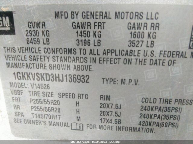 1GKKVSKD3HJ136932 GMC Acadia Limited Limited