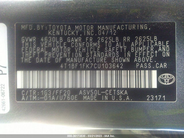 2012 TOYOTA CAMRY L/LE/SE/XLE VIN: 4T1BF1FK7CU103642