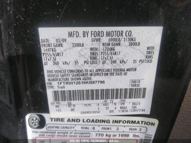 2009 FORD F-150 XL/XLT VIN: 1FTRW12819KB87796