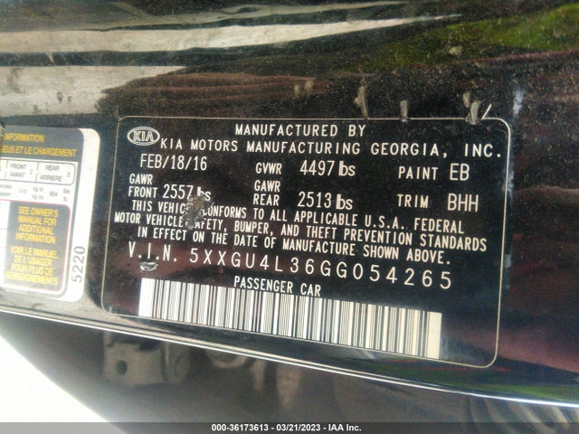 2016 KIA OPTIMA EX VIN: 5XXGU4L36GG054265