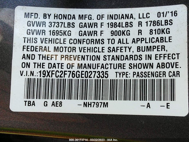 Honda Civic Sedan Ex 2016 19XFC2F76GE027335 Image 9
