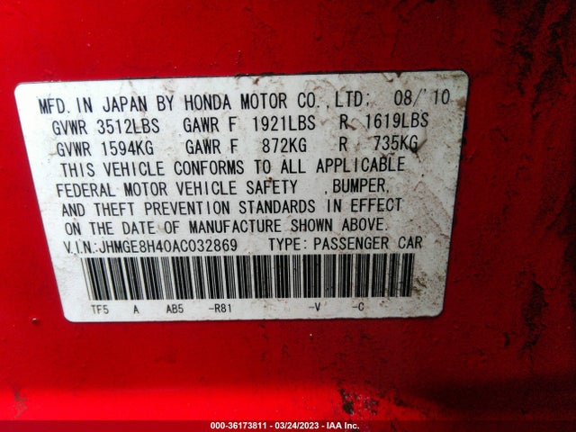 2010 HONDA FIT SPORT VIN: JHMGE8H40AC032869