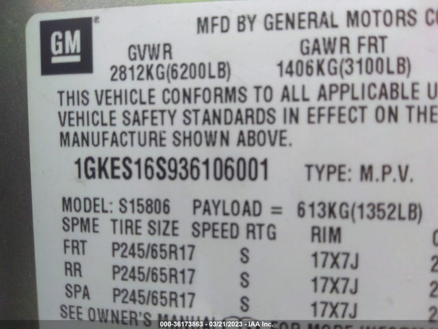 2003 GMC ENVOY XL SLE VIN: 1GKES16S936106001