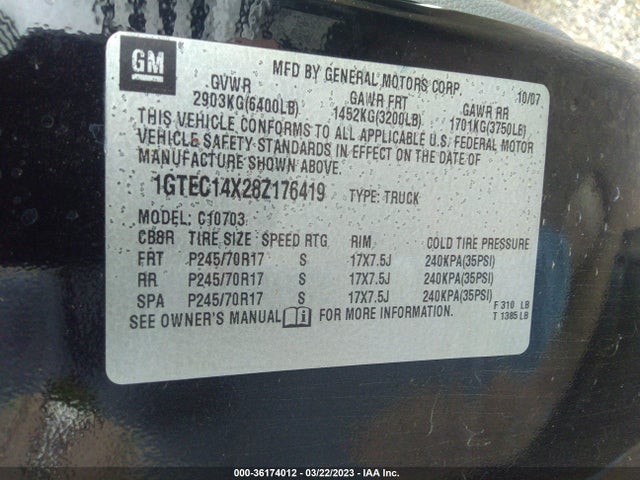 2008 GMC SIERRA 1500 WORK TRUCK VIN: 1GTEC14X28Z176419