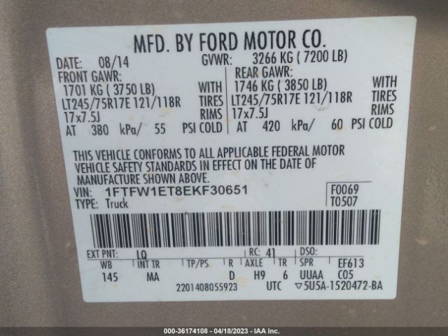 1FTFW1ET8EKF30651 Ford F-150 Xl/xlt/fx4/lariat