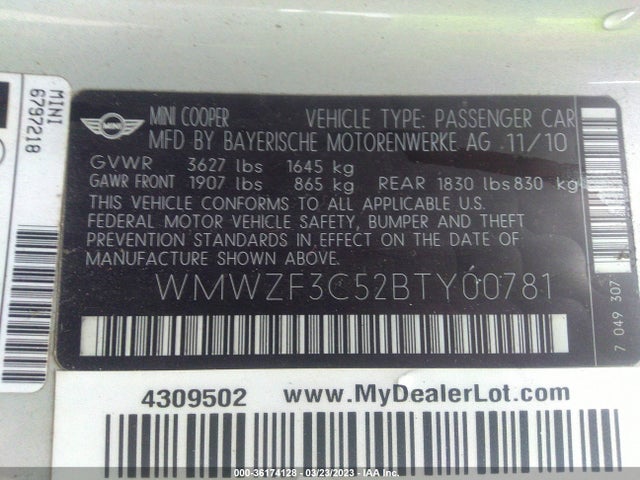 2011 MINI COOPER CLUBMAN VIN: WMWZF3C52BTY00781