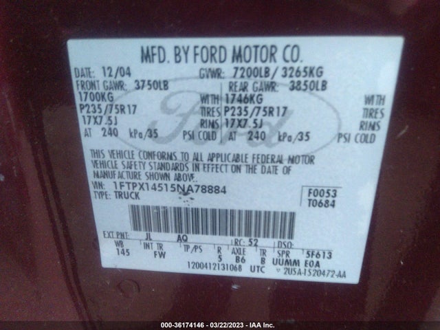 2005 FORD F-150 XLT/FX4/LARIAT/XL VIN: 1FTPX14515NA78884