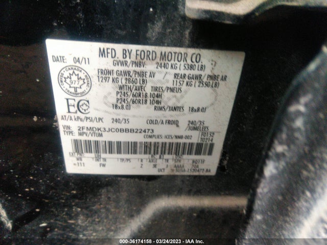 2011 FORD EDGE SEL VIN: 2FMDK3JC0BBB22473