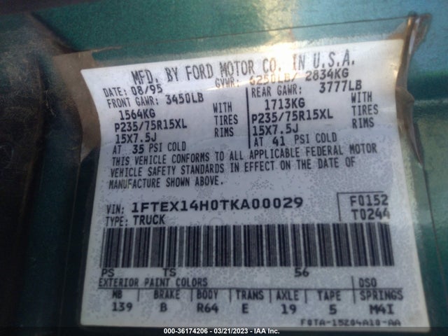 1996 FORD F150 VIN: 1FTEX14H0TKA00029