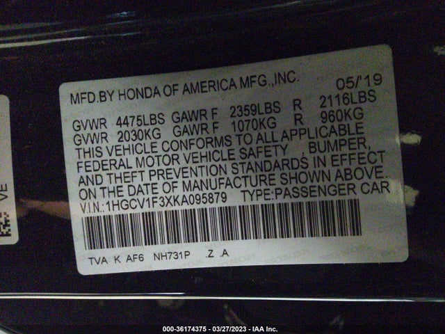 2019 HONDA ACCORD SEDAN SPORT 1.5T VIN: 1HGCV1F3XKA095879