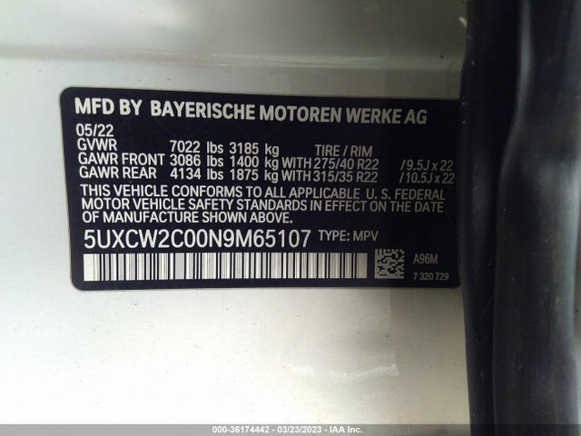 2022 BMW X7 XDRIVE40I VIN: 5UXCW2C00N9M65107