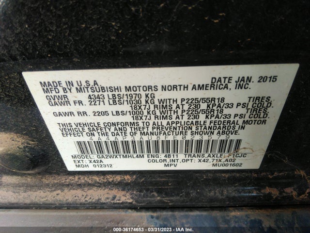 4A4AP3AU8FE023579 Mitsubishi Outlander Sport Es