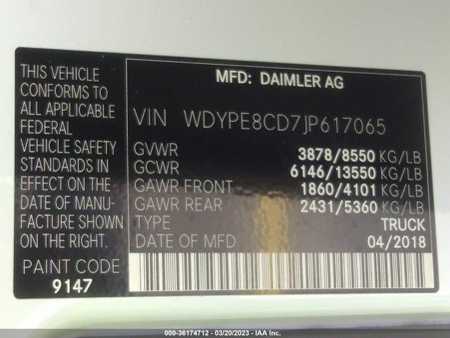 2018 FREIGHTLINER SPRINTER CARGO VAN VIN: WDYPE8CD7JP617065