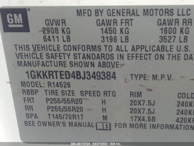 2011 GMC ACADIA DENALI VIN: 1GKKRTED4BJ349384