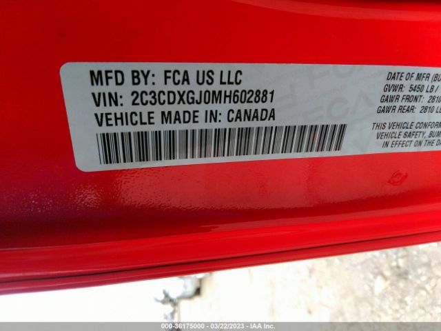 2C3CDXGJ0MH602881 Dodge Charger Scat Pack