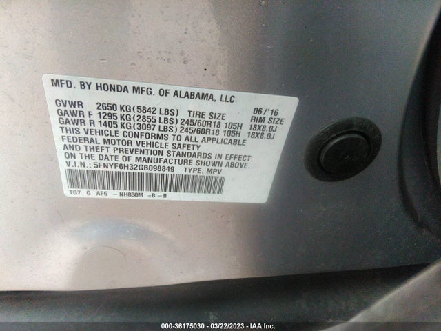 2016 HONDA PILOT EX VIN: 5FNYF6H32GB098849