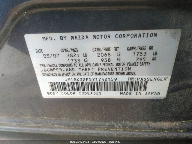 2007 MAZDA MAZDA3 I TOURING VIN: JM1BK32F571742159