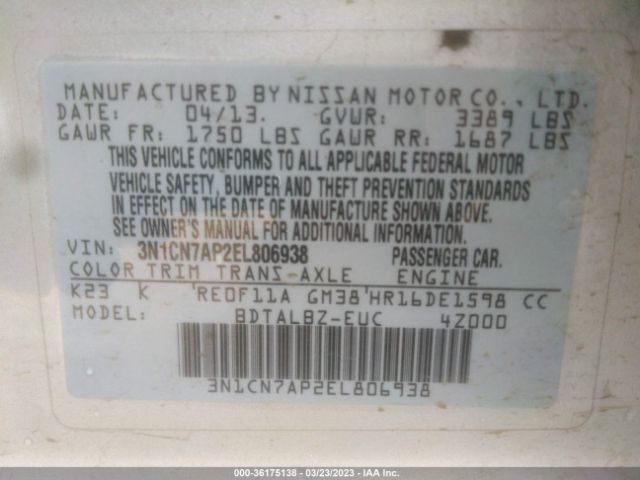 3N1CN7AP2EL806938 Nissan VERSA SV
