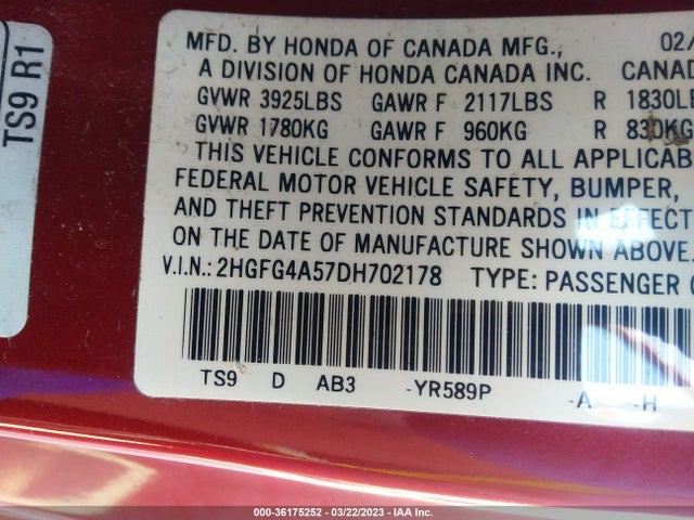 2013 HONDA CIVIC CPE SI VIN: 2HGFG4A57DH702178