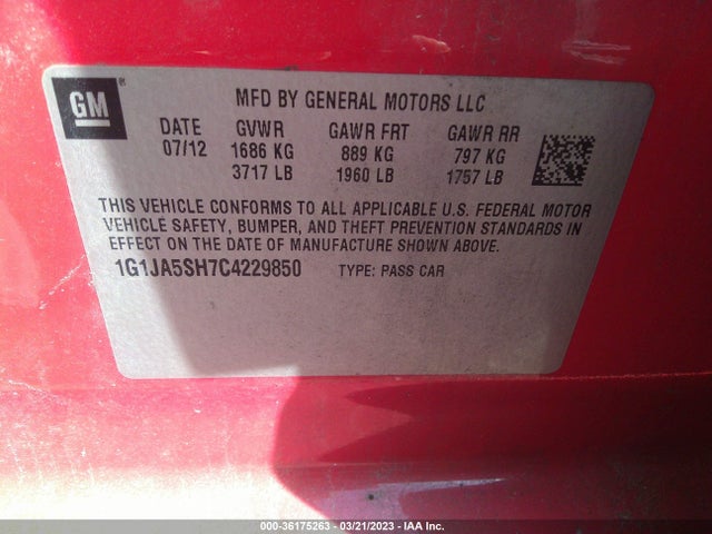 Chevrolet SONIC LS 2012 1G1JA5SH7C4229850 Image 9