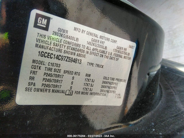 2007 CHEVROLET SILVERADO 1500 WORK TRUCK VIN: 1GCEC14C97Z594813