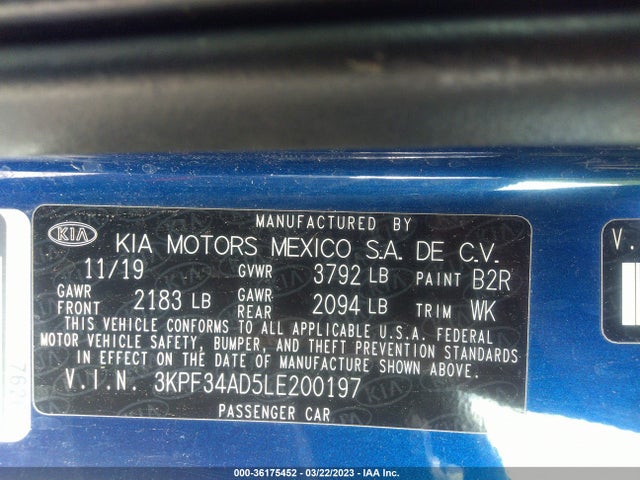 2020 KIA FORTE GT LINE VIN: 3KPF34AD5LE200197