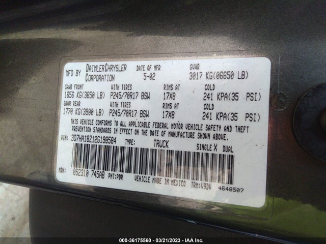 2002 DODGE RAM 1500 VIN: 3D7HA18Z12G198584