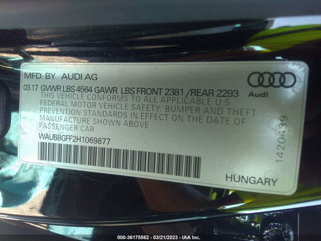 WAUB8GFF2H1069877 Audi A3 Sedan Premium