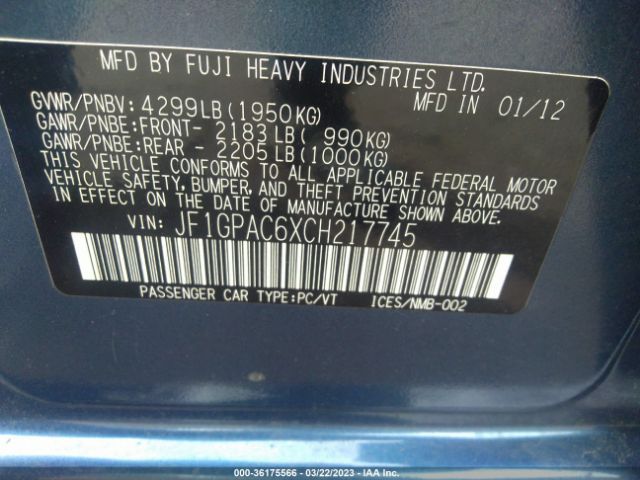 JF1GPAC6XCH217745 Subaru Impreza Wagon 2.0i Premium