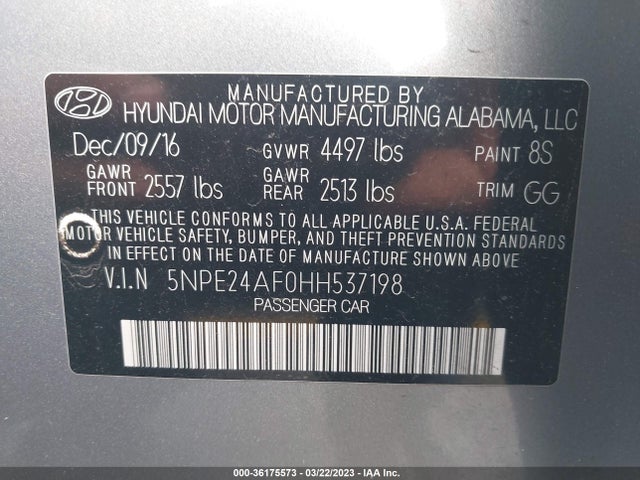 2017 HYUNDAI SONATA SE VIN: 5NPE24AF0HH537198