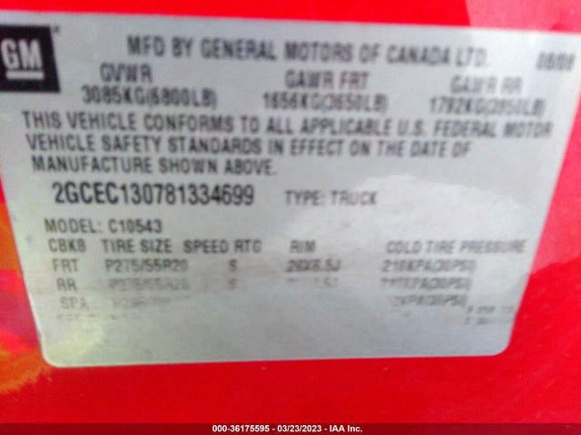 2008 CHEVROLET SILVERADO 1500 LT W/1LT VIN: 2GCEC130781334699