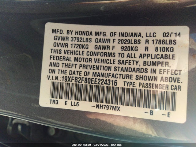 Honda Civic Sedan Ex 2014 19XFB2F80EE224316 Image 9