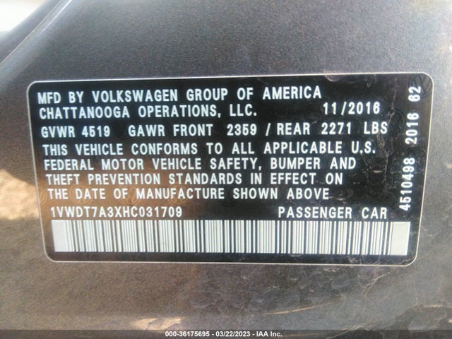 1VWDT7A3XHC031709 Volkswagen Passat R-line W/comfort Pkg