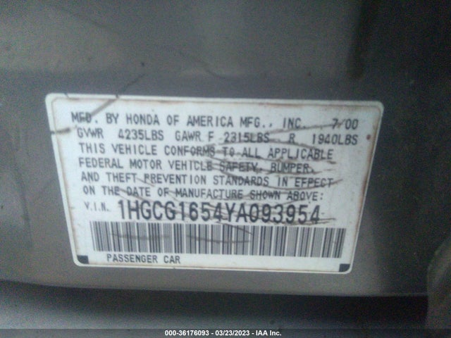 2000 HONDA ACCORD SDN EX W/LEATHER VIN: 1HGCG1654YA093954
