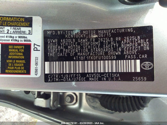 2015 TOYOTA CAMRY SE VIN: 4T1BF1FK0FU100599