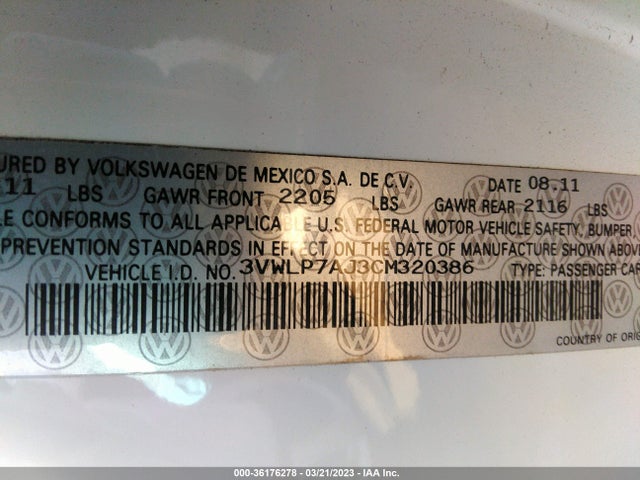 2012 VOLKSWAGEN JETTA SEDAN SEL W/SUNROOF PZEV VIN: 3VWLP7AJ3CM320386