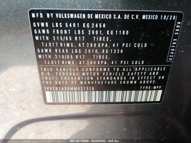 2021 Volkswagen Tiguan, VIN: 3VV2B7AX8MM021318